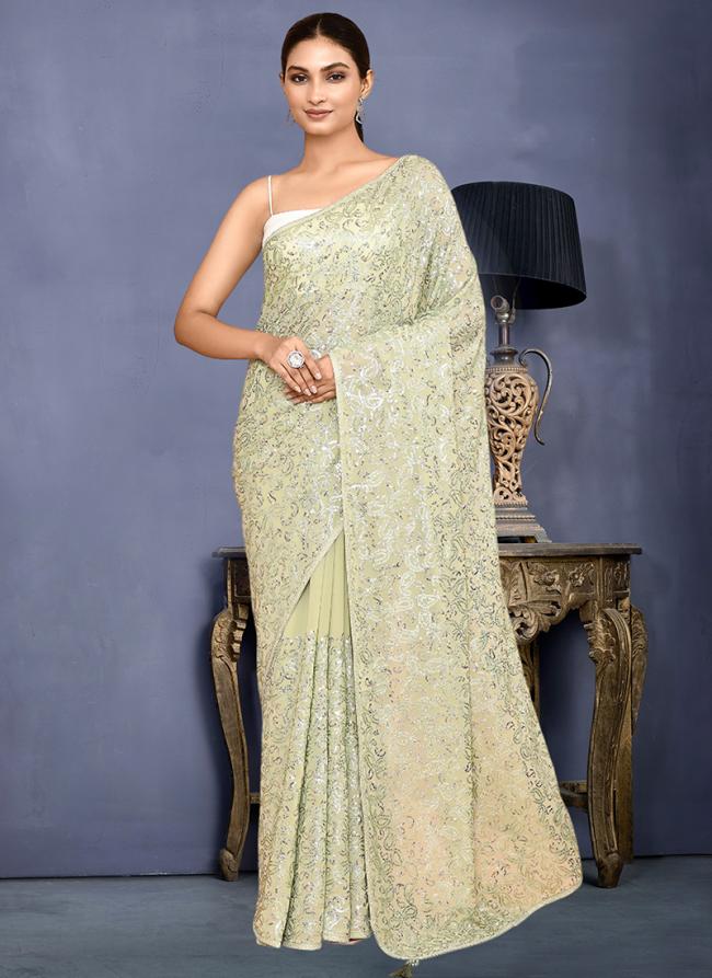 Georgette Green Wedding Wear Embroidery Work Saree